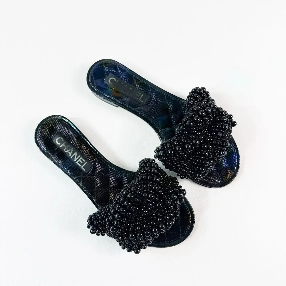 CHANEL Black Fantasy Pearl Cord Sandals Size 37 Mules Open Toe Slides CC Flat